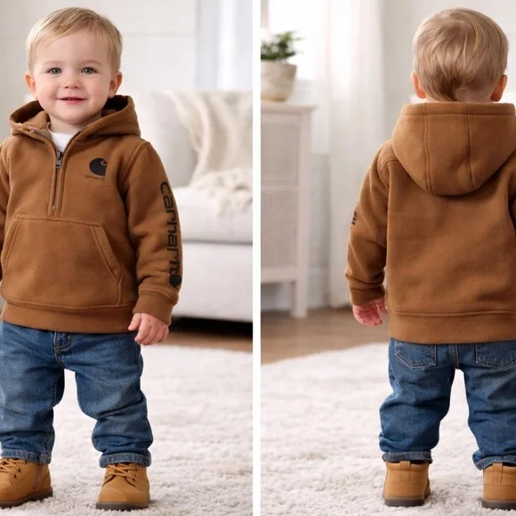 Carhartt Toddler Brown Fleece Hoodie Half Zip Kangaroo Pocket Size 3T - Picture 1 of 8